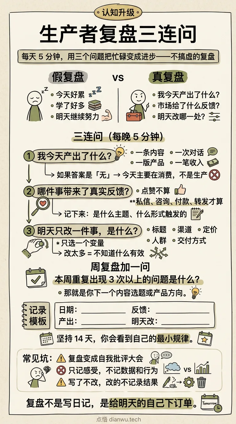 生产者复盘三连问 · 手绘信息图