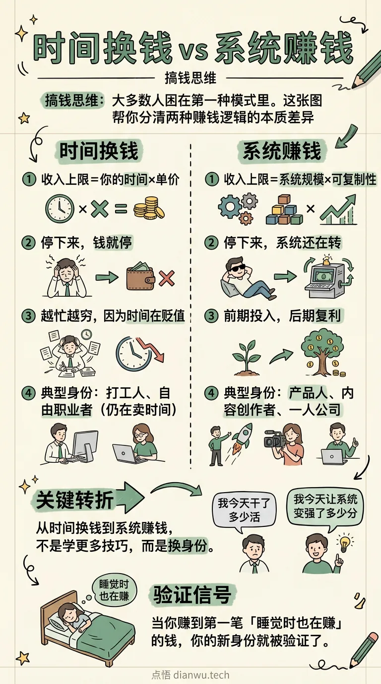 时间换钱 vs 系统赚钱 · 手绘信息图