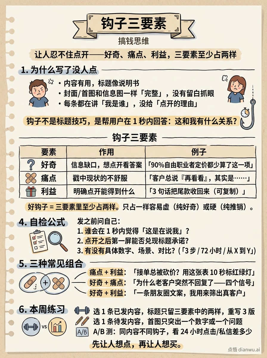 钩子三要素 · 搞钱思维条漫信息图